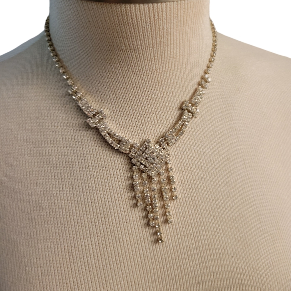 Rhinestone Statement Necklace Silvertone - image 1